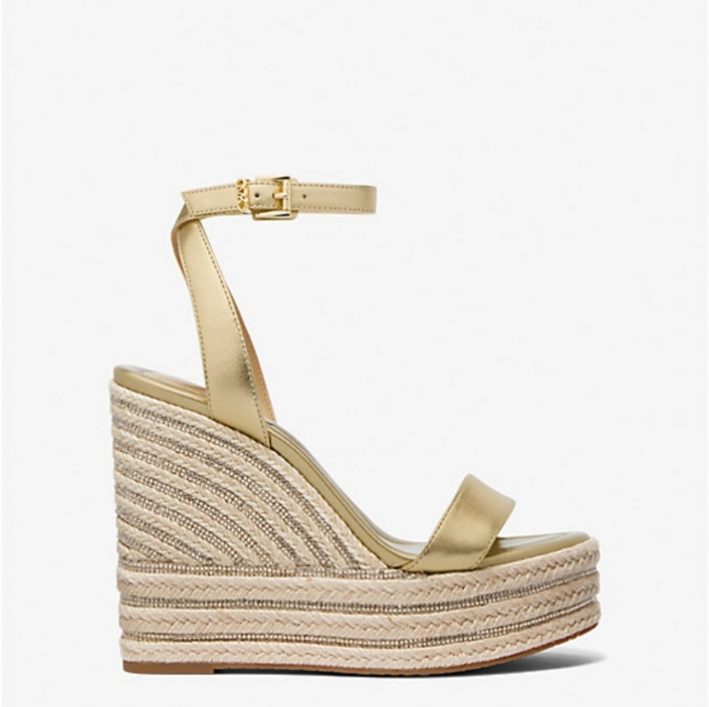 MICHAEL KORS Leighton Metallic Leather Wedge Sandal Pale Gold - Picture 2 of 4